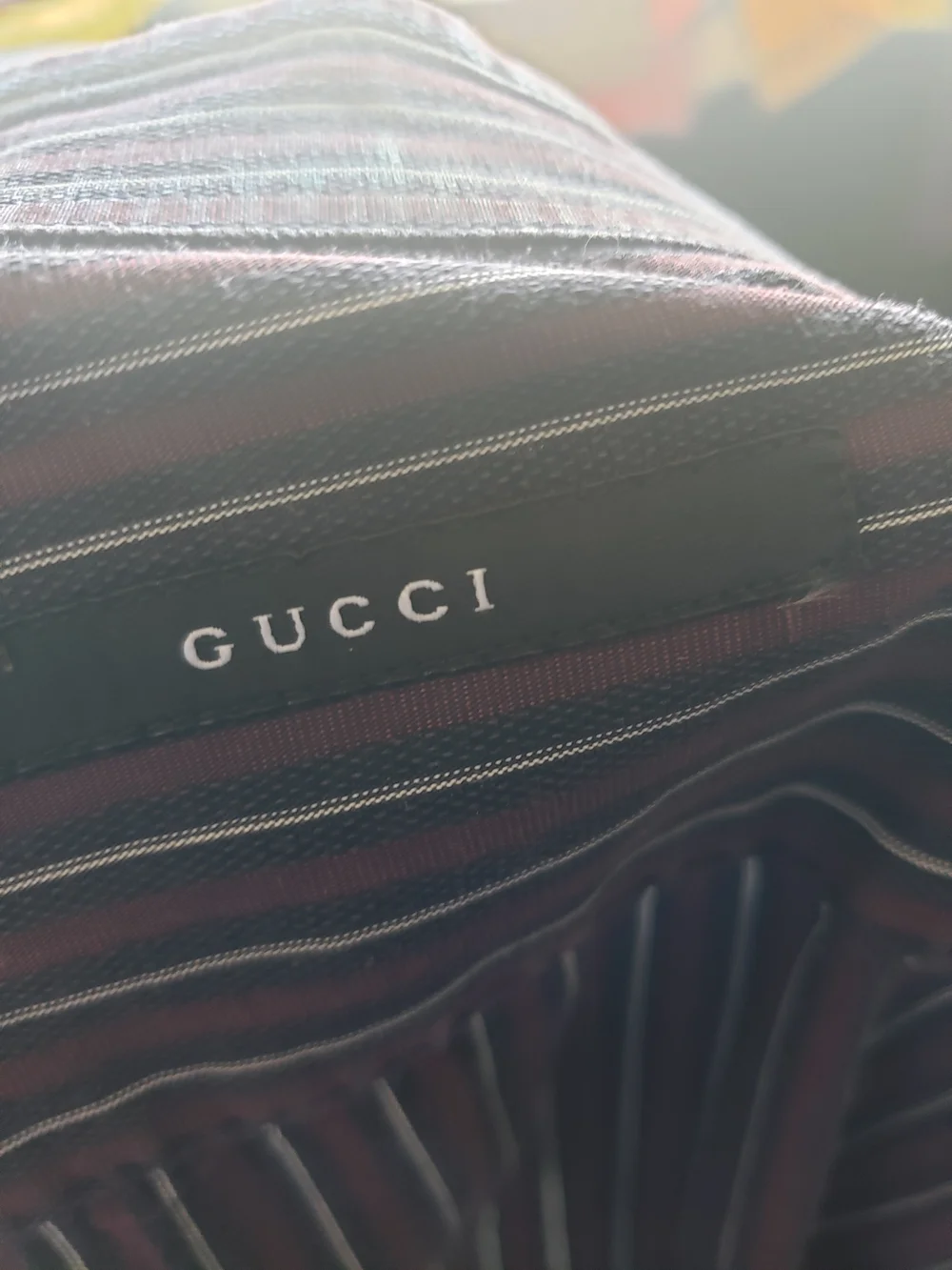 Gucci Men's Dark Purple Dress Shirt with Pink & Blue Pinstripes